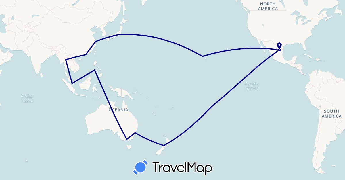 TravelMap itinerary: driving in Australia, China, France, Japan, Mexico, New Zealand, Philippines, Singapore, Thailand, United States (Asia, Europe, North America, Oceania)